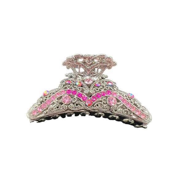 Butterfly Hair Clip with Pink Stones and Silver Filigree Metal - Picture 1 of 3